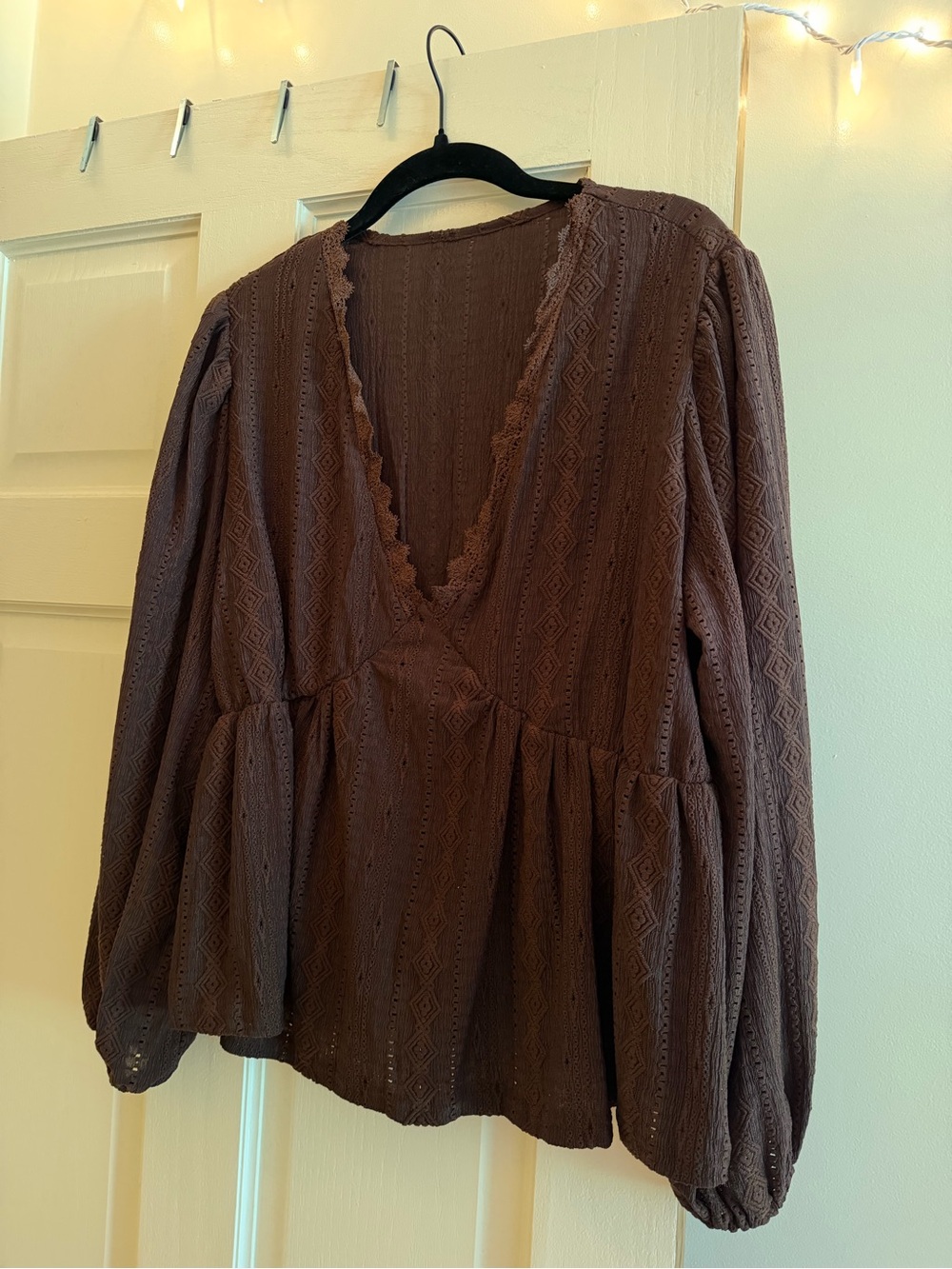 SHEIN Brown Textured V-Neck Peasant Blouse